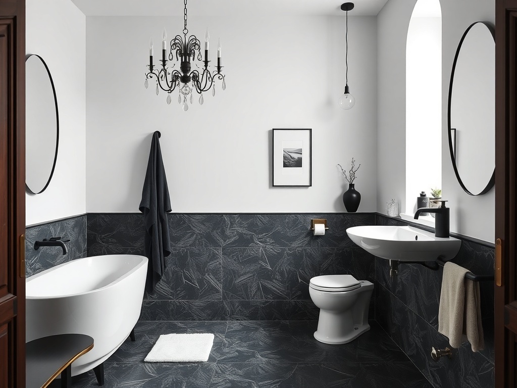 A modern bathroom featuring black and white shades with elegant fixtures and accessories.
