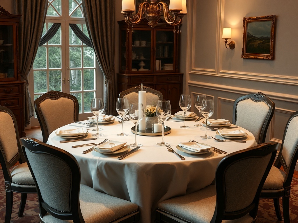 Elegant round dining table set with fine tableware and a candle centerpiece.