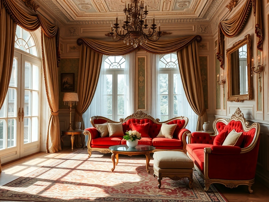 Luxurious Rococo Revival living room with red velvet sofas and golden drapes