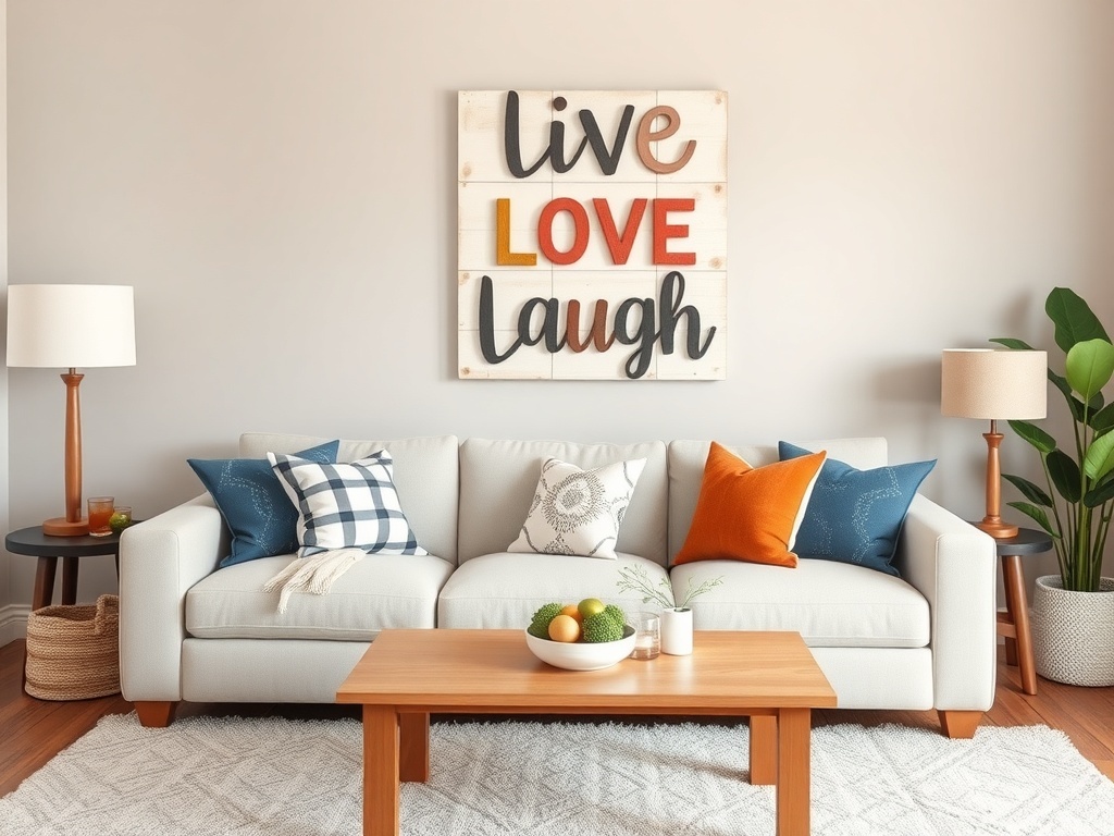 Colorful DIY wall art featuring letters and geometric shapes, enhancing a cozy living room.