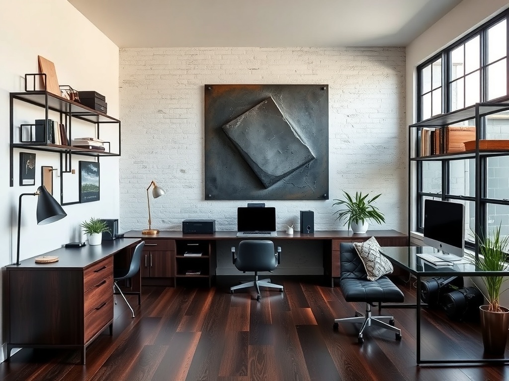 A modern home office featuring dark wood furniture and metal accents.