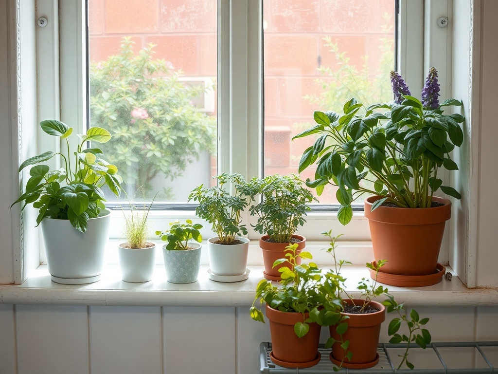 A variety of potted plants on a kitchen windowsill, including herbs and decorative plants.