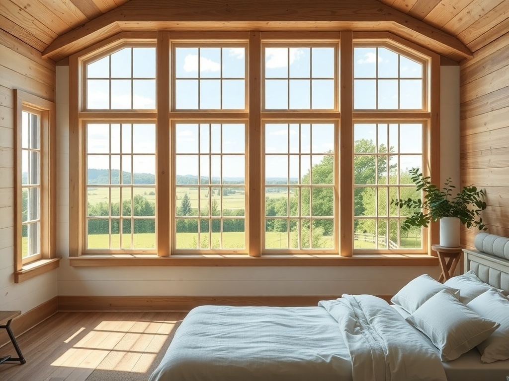 A cozy farmhouse bedroom with large windows showcasing a beautiful view of nature.