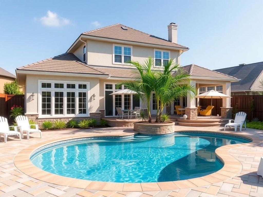 A family-friendly backyard pool area featuring colorful water slides and a spacious pool with families enjoying the water.