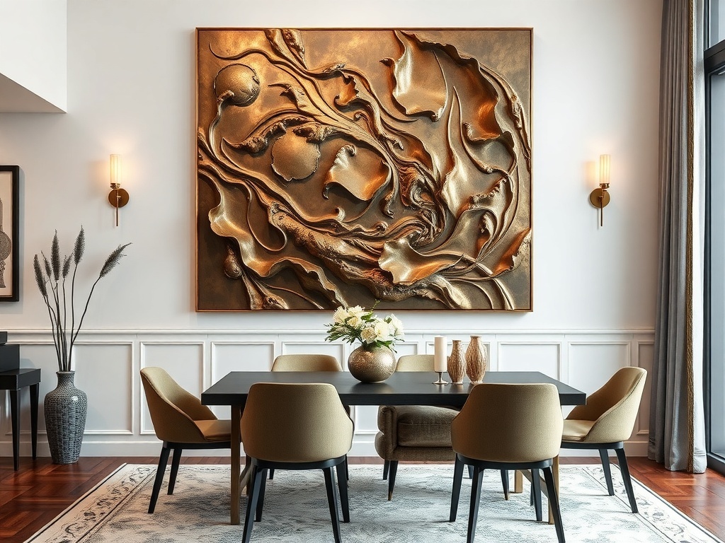 Bronze wall art featuring leaves and text above a dining table