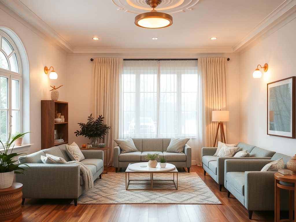 Cozy living room with various lighting options including overhead lights, floor lamps, and natural light.