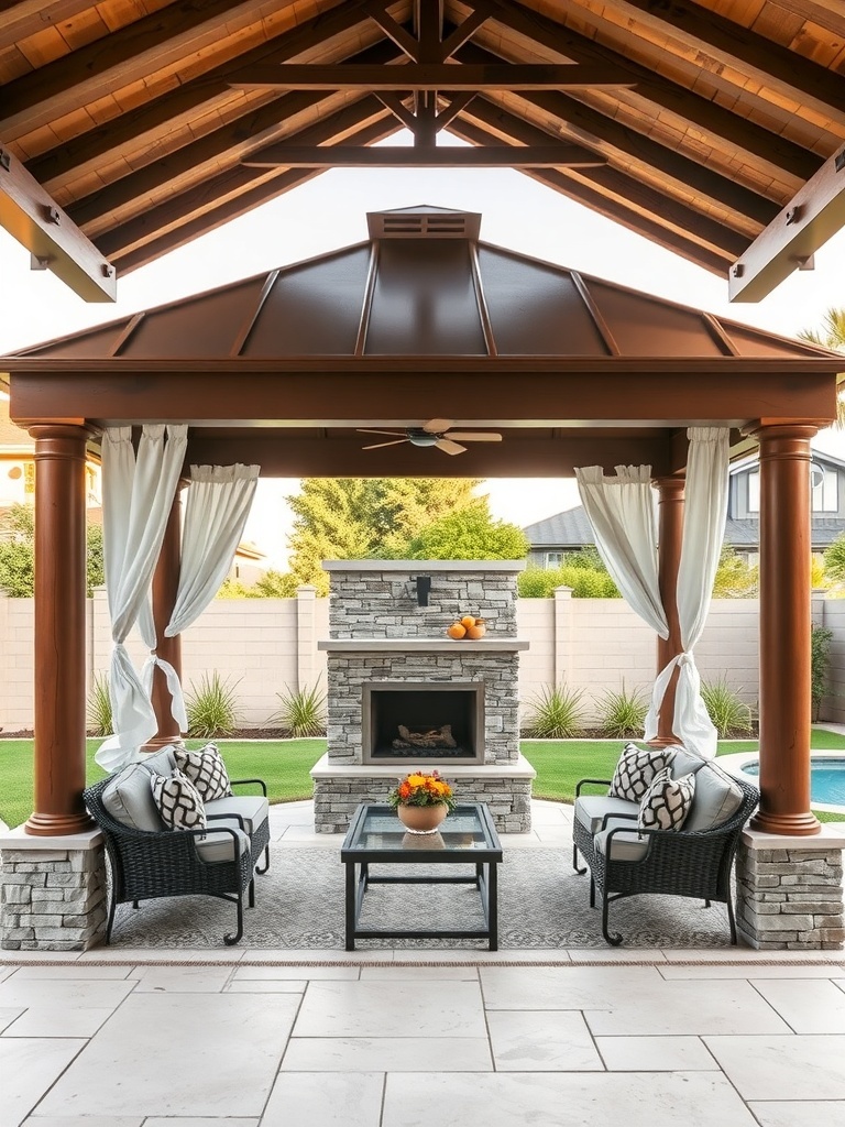 A modern backyard area designed for fireworks display, featuring comfortable seating and a fire pit.
