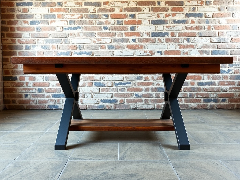 A wooden dining table with a metal frame, set against a brick wall.