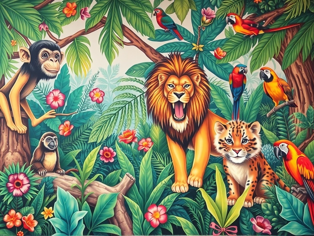 A colorful jungle mural featuring a lion, monkey, leopard, and parrots among lush greenery and flowers.