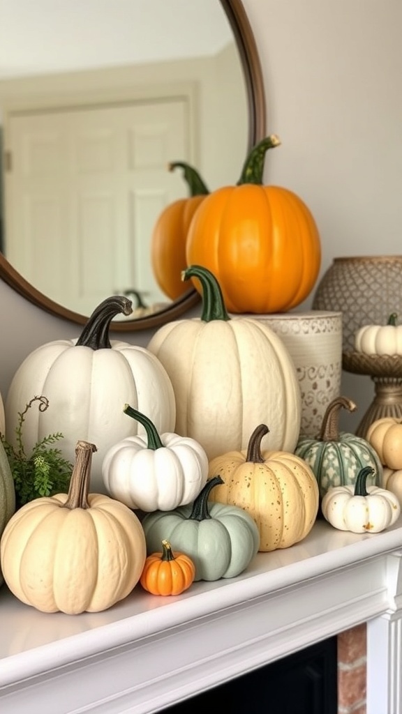 A collection of pumpkins in various colors and sizes displayed on a wooden shelf, creating a cozy fall atmosphere.