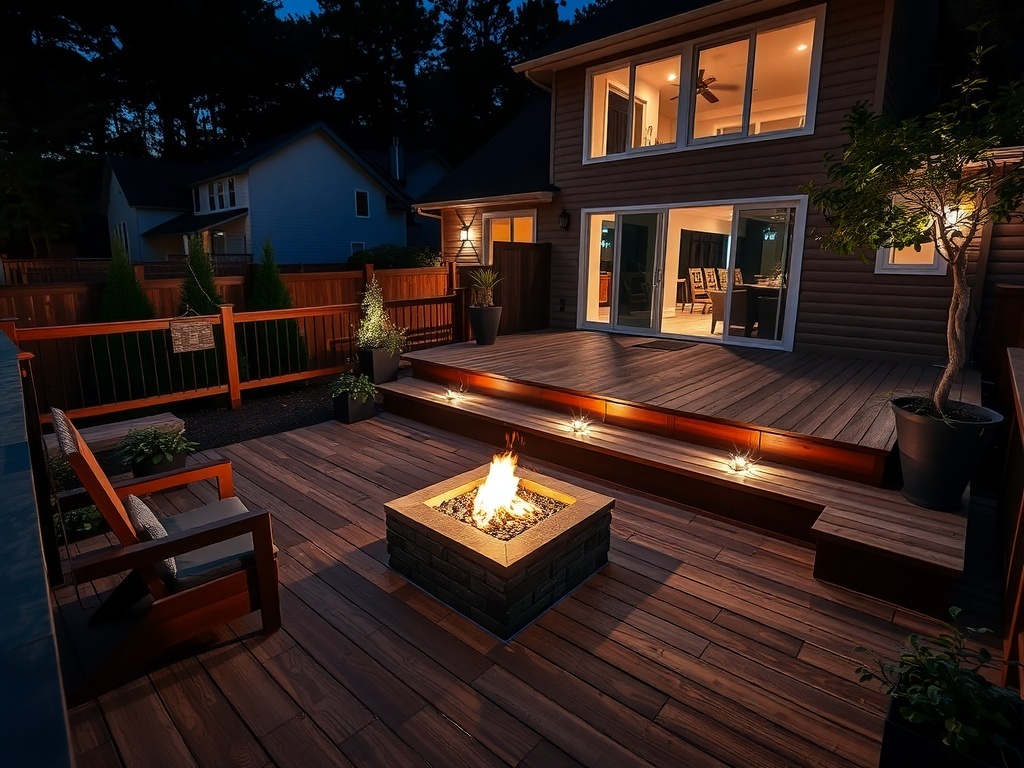 A split-level wooden deck featuring a fire pit area, illuminated at night with warm lights.