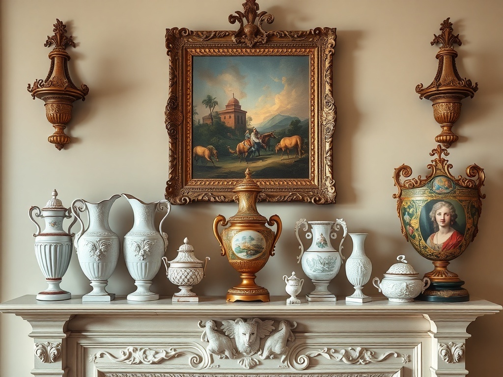 A collection of antique vases and a painting displayed on a mantel, showcasing Rococo Revival style.