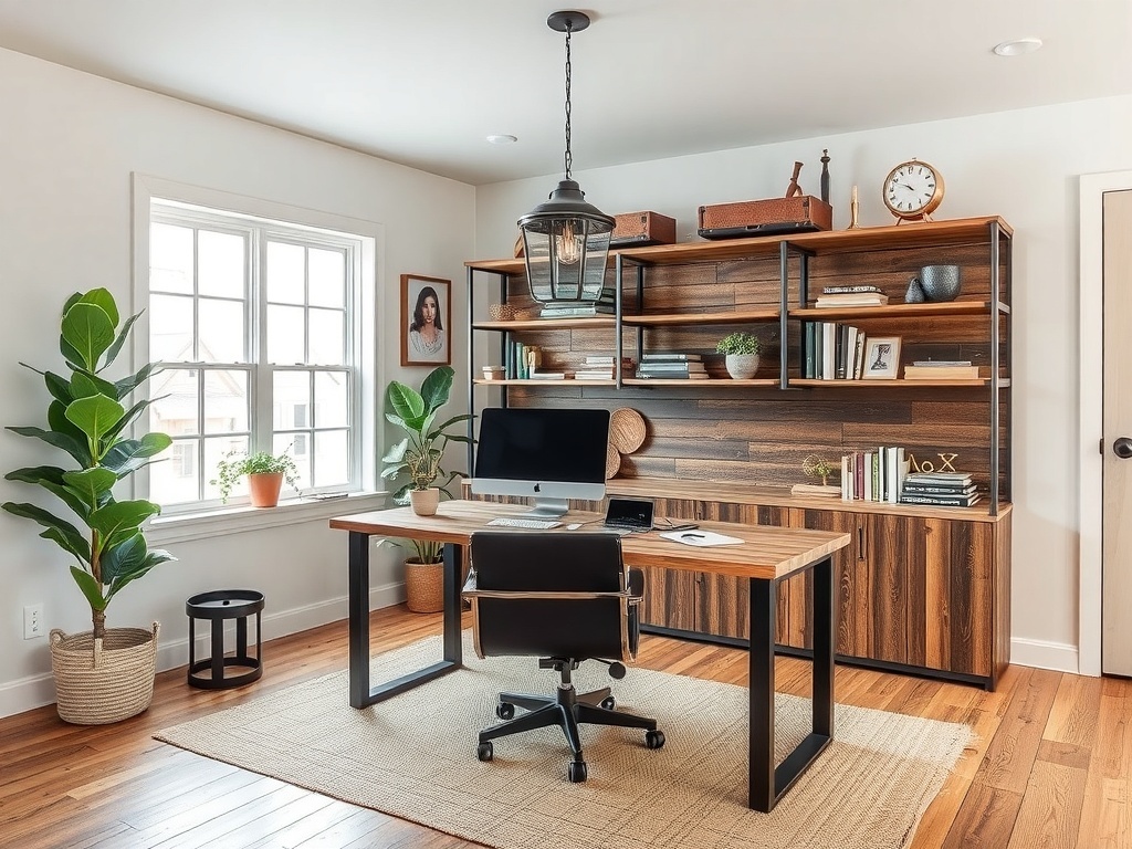 A modern home office featuring reclaimed wood accents and a sleek design.