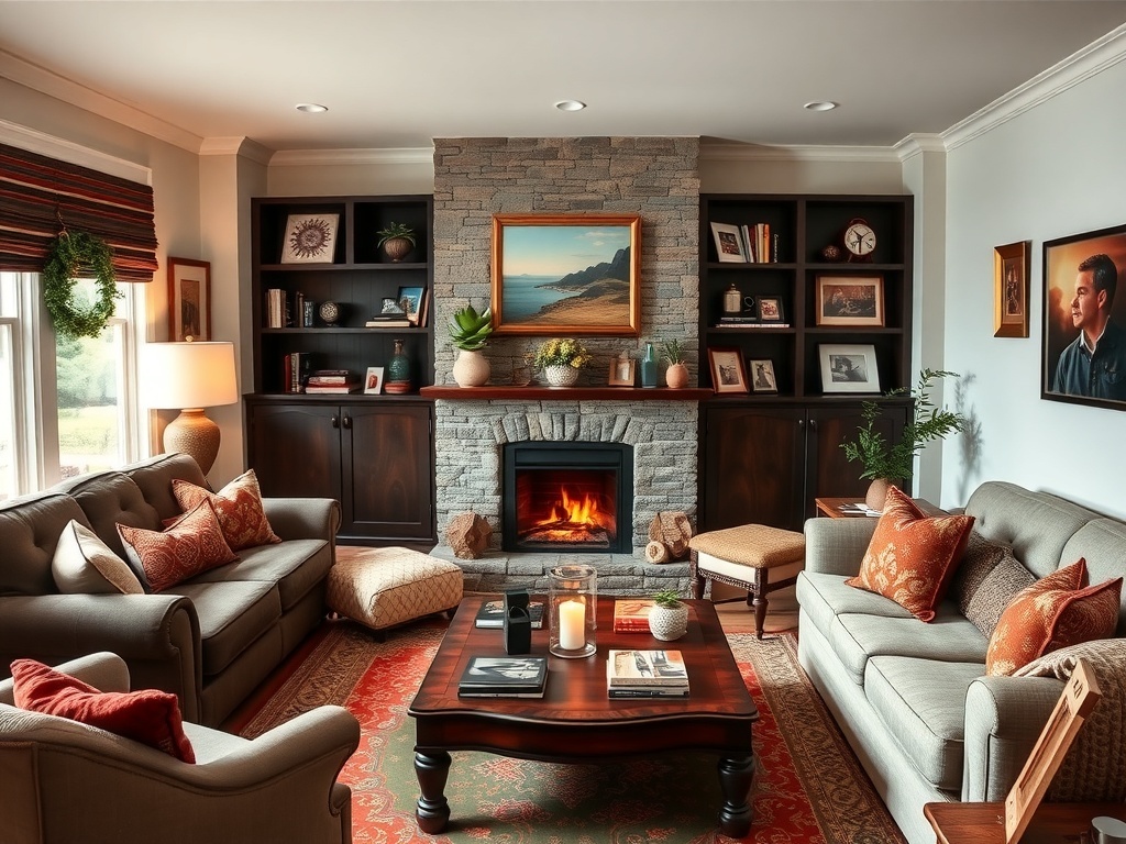 Cozy living room with personal touches like family photos, plants, and textiles