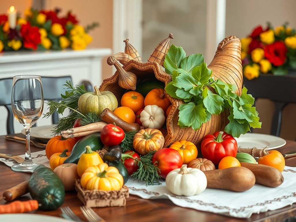A cornucopia filled with seasonal vegetables including pumpkins, squash, and peppers, arranged beautifully on a dining table.