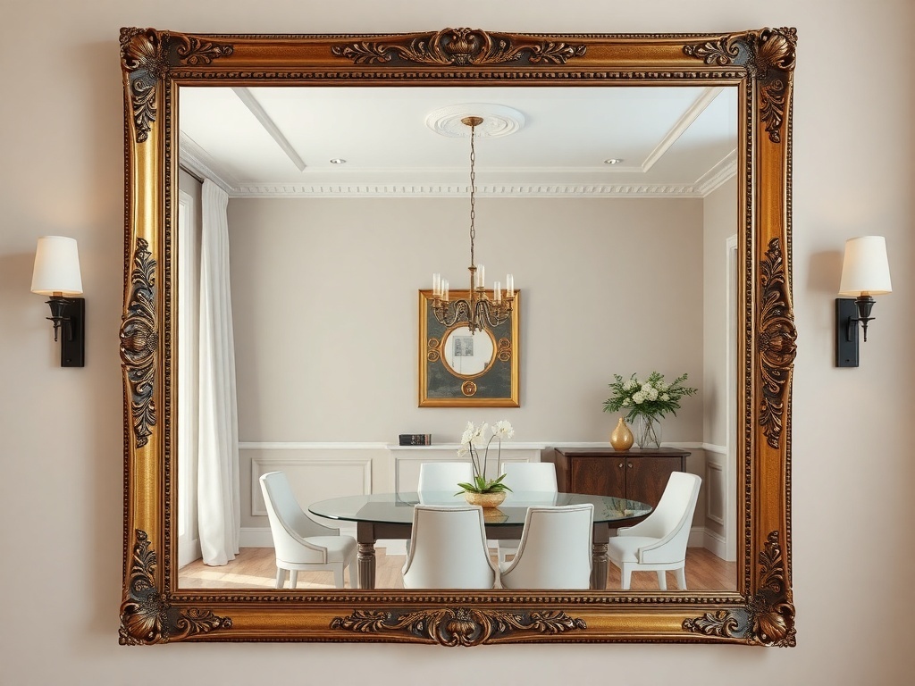 A beautifully framed bronze mirror reflecting a dining room with elegant furnishings.