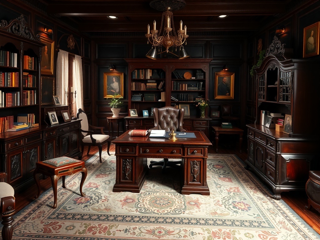 Victorian themed home office with dark wood furnishings