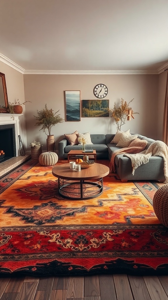 A cozy living room with a vibrant layered rug, warm colors, and inviting decor.