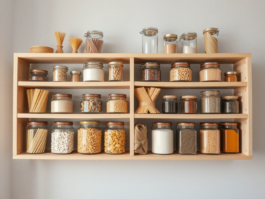 Open kitchen shelves with various glass containers filled with ingredients like pasta, grains, and spices.