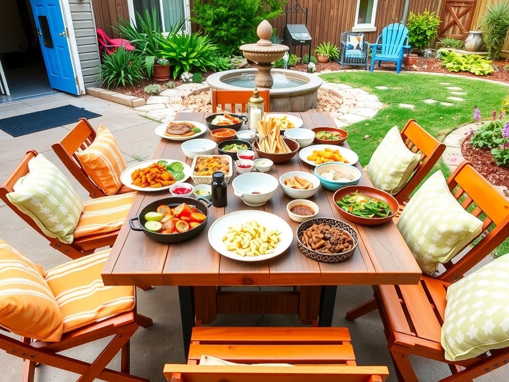 A backyard dinner table set for a casual family gathering, featuring colorful dishes and comfortable seating, surrounded by greenery and a fountain.