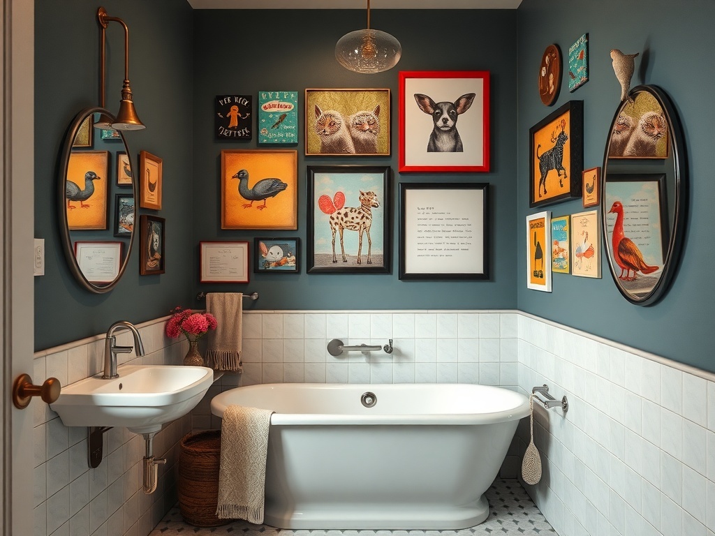 A quirky bathroom with colorful wall art and playful decor