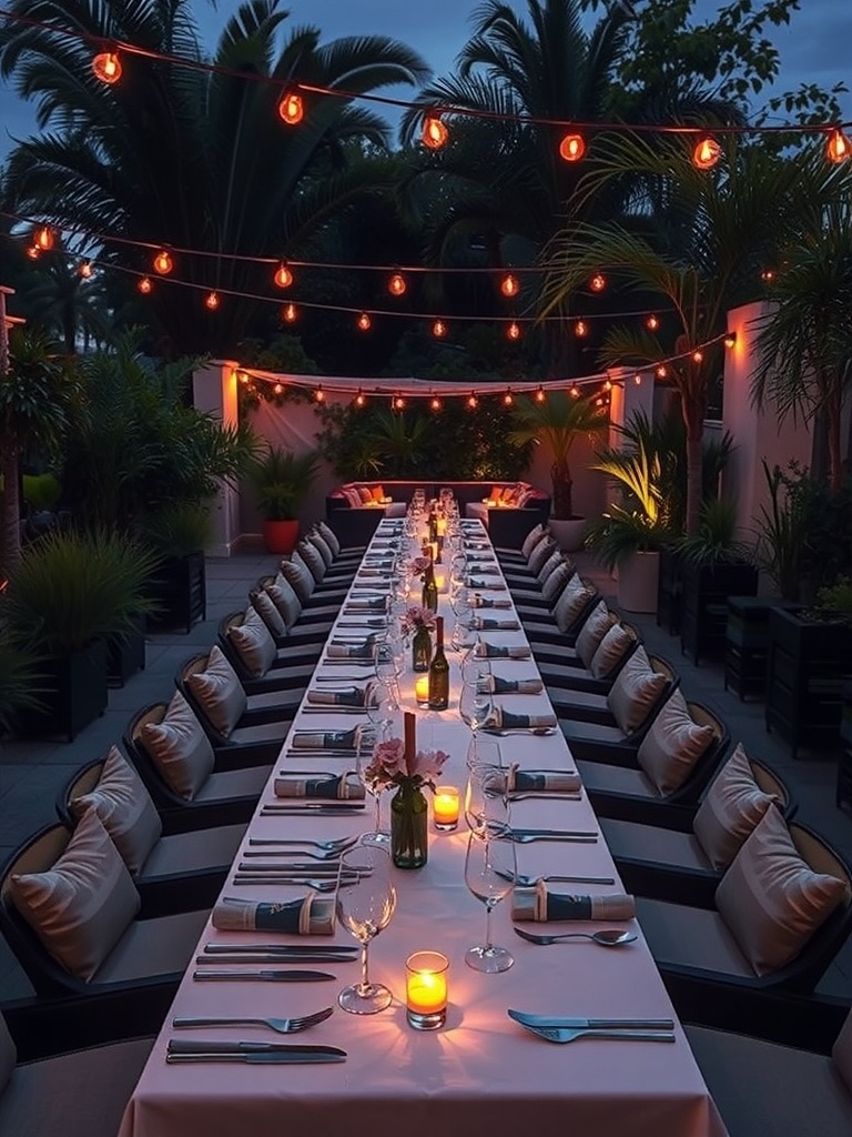A luxurious outdoor dining space with a long table set for dinner, surrounded by greenery and illuminated by string lights.