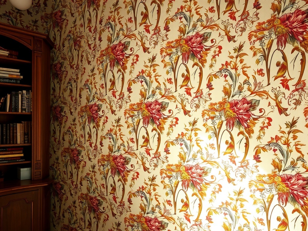 Victorian-style floral wallpaper in a home office setting.