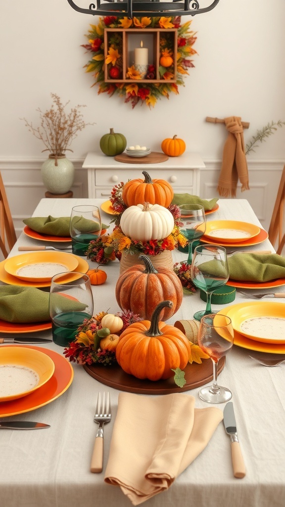 A beautifully set autumn table featuring pumpkins, colorful plates, and fall decorations.