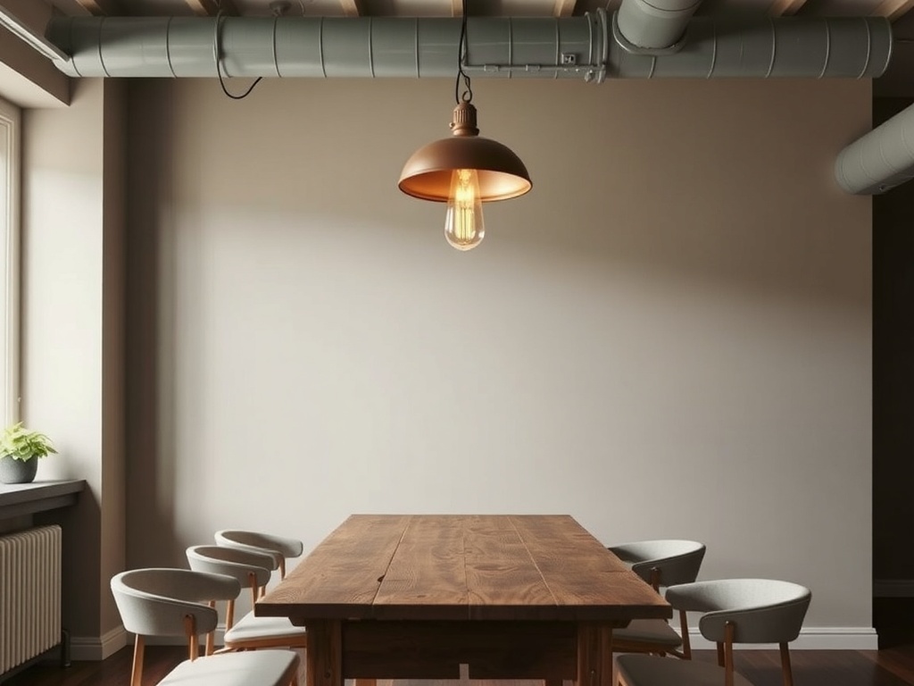 A dining room featuring industrial-style hanging lights above a wooden table with modern chairs.