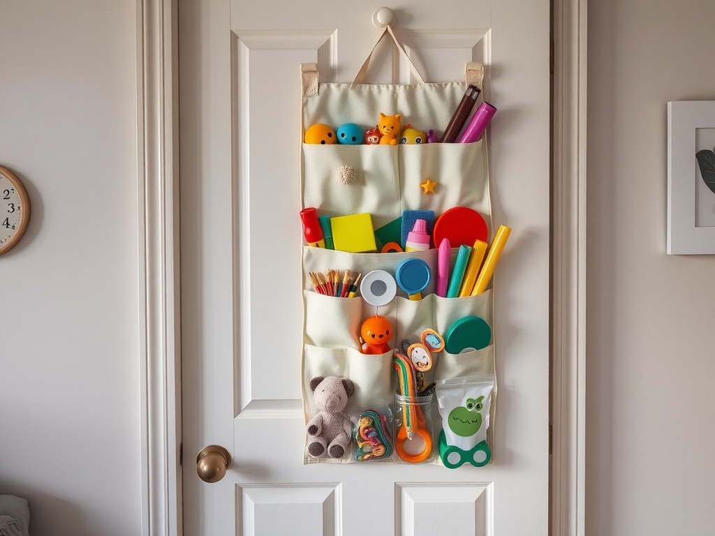 A hanging organizer on a door filled with colorful toys and art supplies.