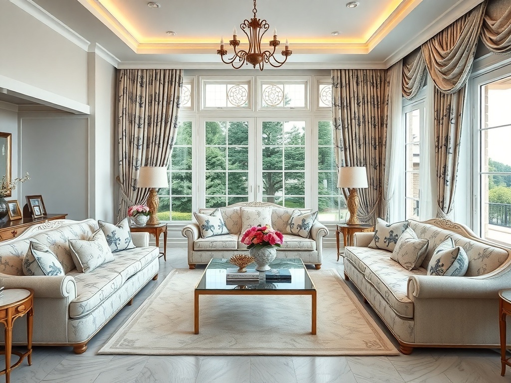 A luxurious living room featuring marine textiles, with soft sofas, patterned curtains, and large windows allowing natural light.