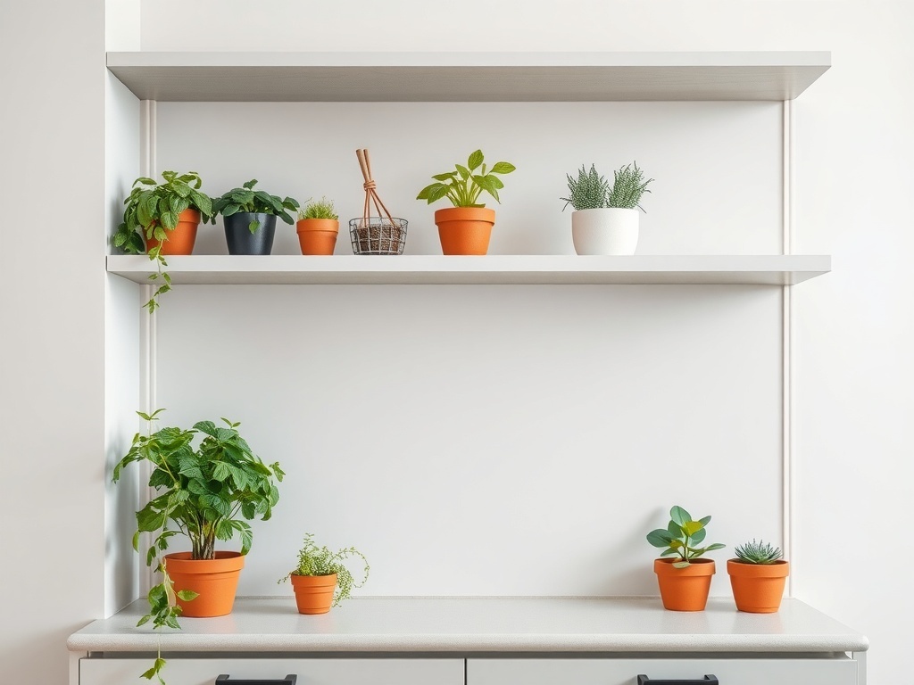 Open kitchen shelves with various potted plants arranged for decoration.