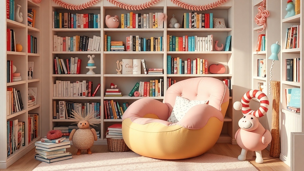 A cozy reading nook featuring a donut-shaped chair, colorful bookshelf filled with books, and a candy-themed rug.