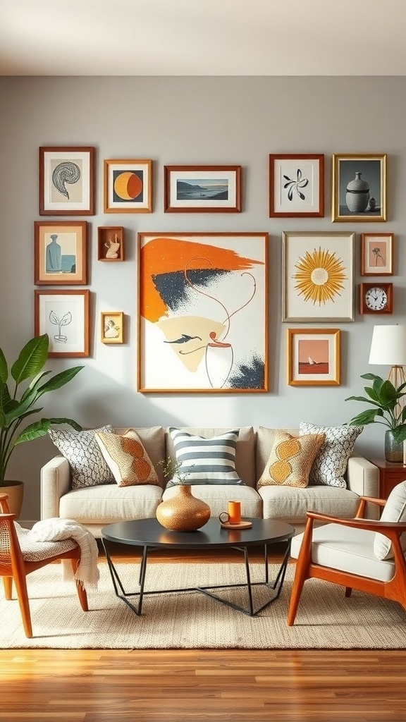 A mid-century modern living room featuring artistic wall decor with various framed artworks.
