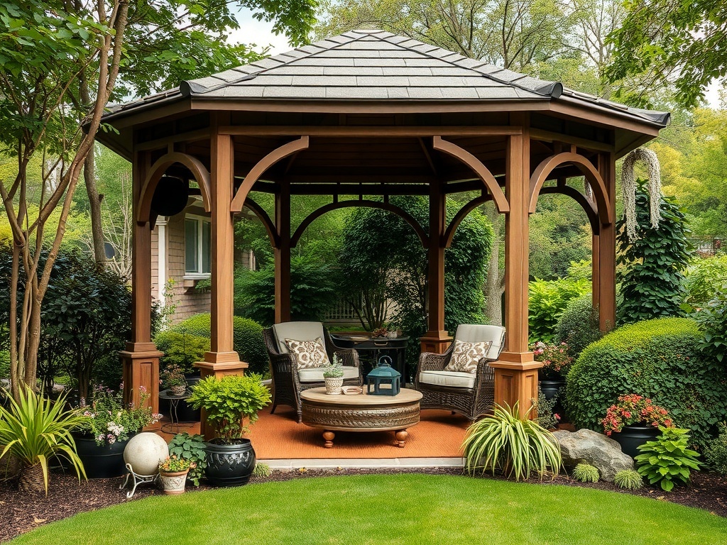 A cozy gazebo surrounded by greenery, featuring comfortable seating and a warm atmosphere.