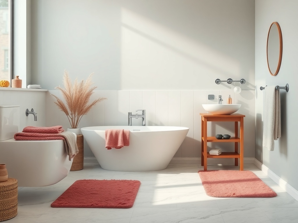 A modern bathroom with pink mats and towels, a white bathtub, and wooden accents.