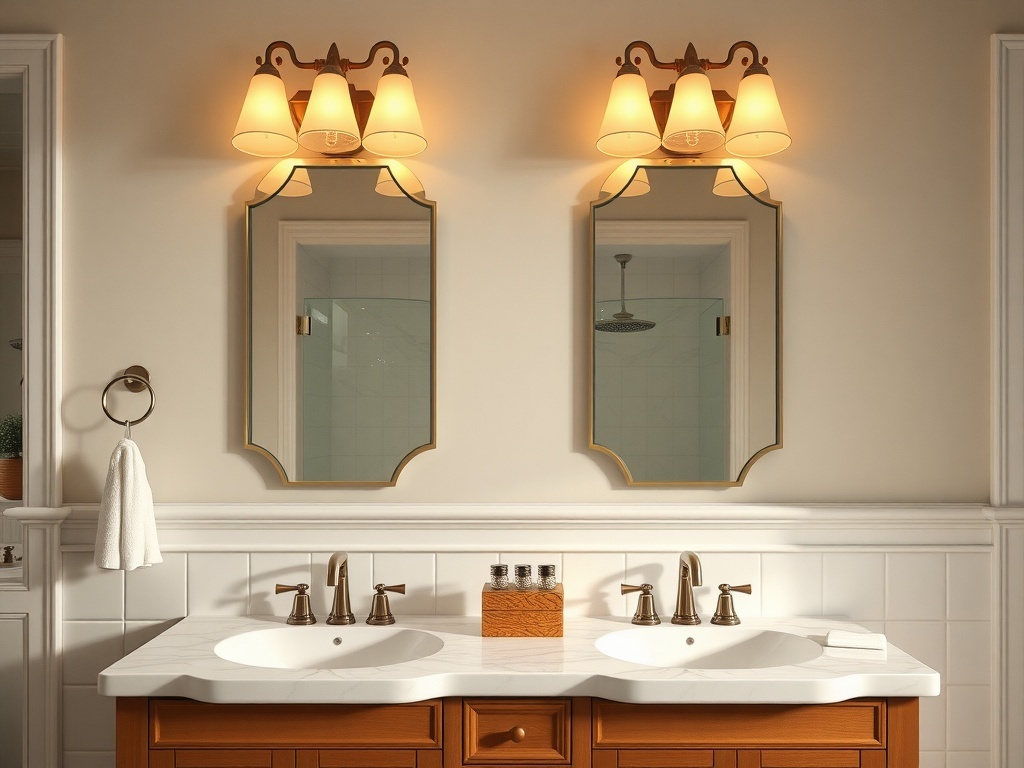 Art Deco inspired vanity lights above a double sink with mirrors in a bathroom.