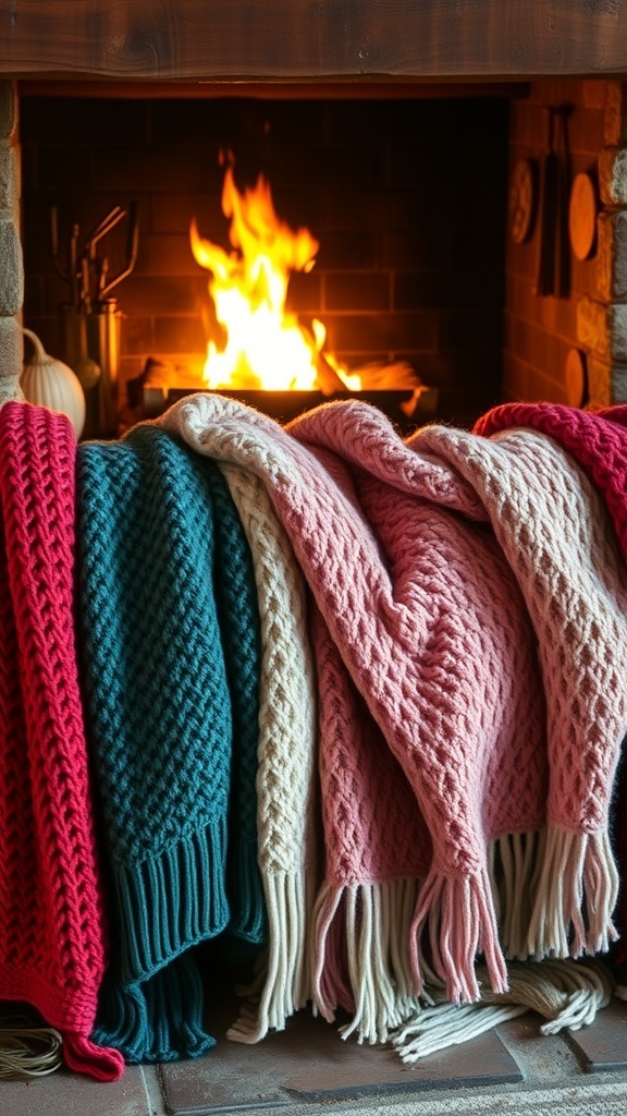 A collection of cozy knit blankets in various colors draped near a fireplace