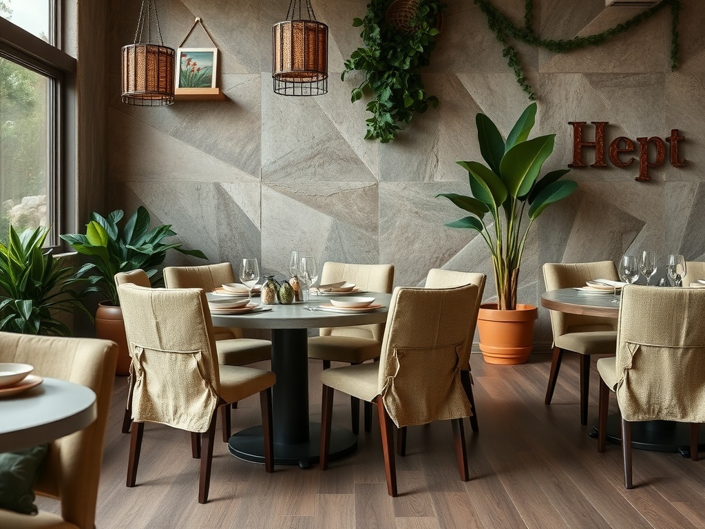 Dining room with eco-friendly recycled fabric chair covers, featuring plants and warm lighting.
