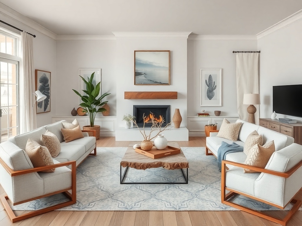 A bright living room with driftwood accents, featuring light-colored sofas, a rustic coffee table, and ocean-themed artwork.