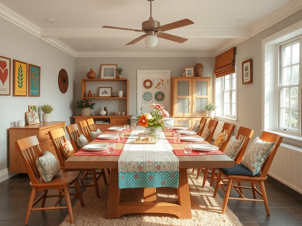 A cozy family-friendly dining room with a large wooden table, colorful cushions, and decorative elements.