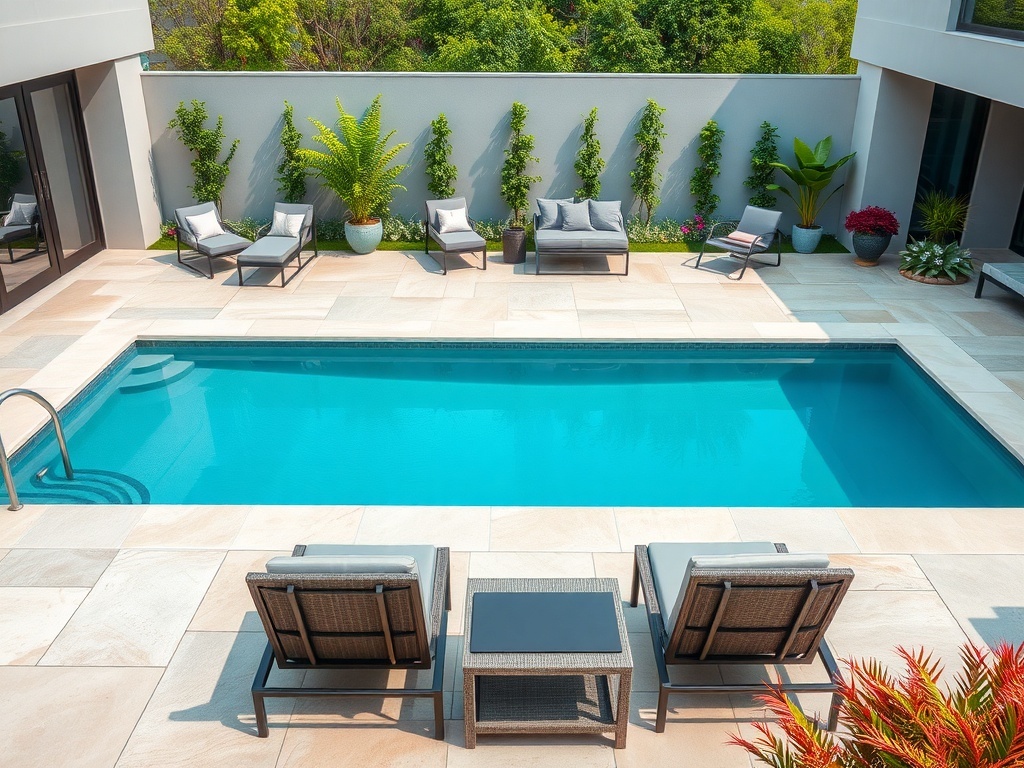 A modern backyard featuring a sleek limestone pool deck with lounge chairs and greenery.