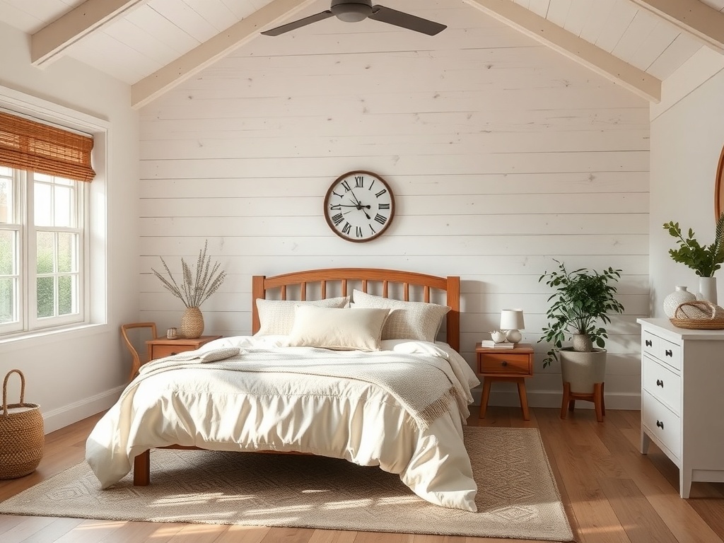A serene farmhouse bedroom with wooden elements, soft bedding, and natural light.