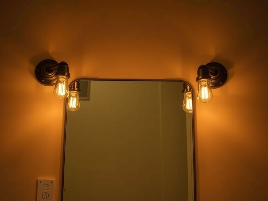 Vintage industrial wall sconces illuminating a bathroom mirror
