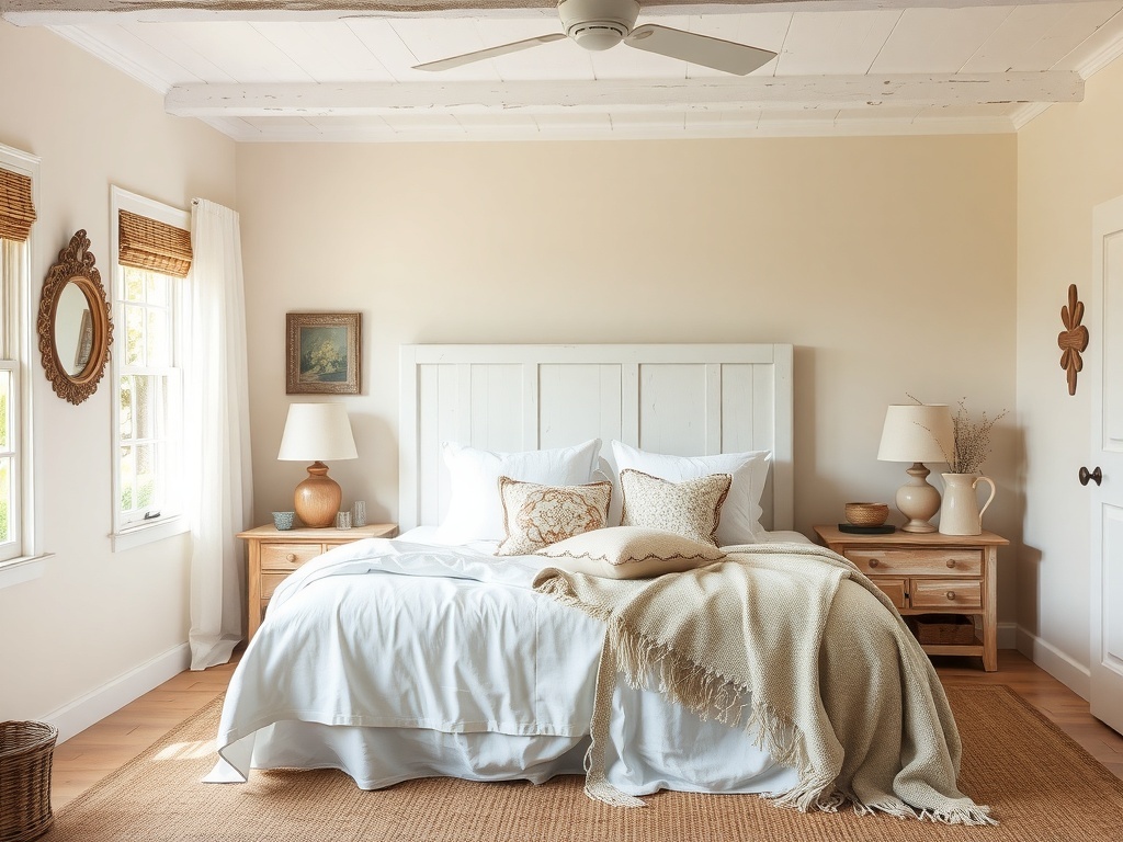 A cozy farmhouse bedroom featuring soft textures and a warm color palette.