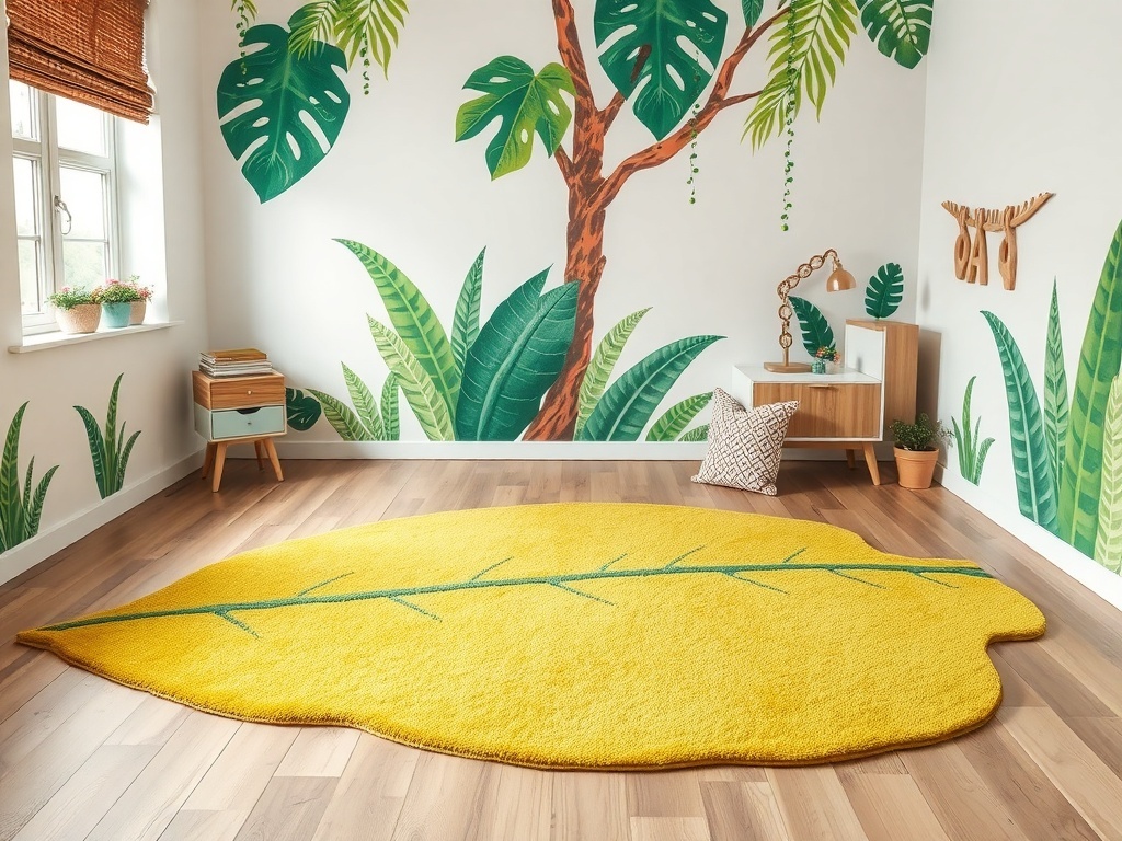 A vibrant leaf-shaped rug in a jungle-themed kids bedroom