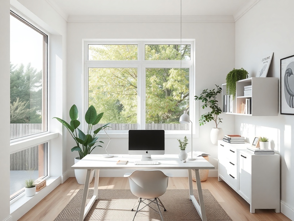 A bright home office with large windows, plants, and a modern desk setup.
