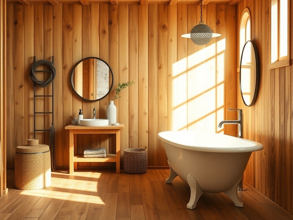 A rustic bathroom featuring bamboo flooring, wooden walls, and a freestanding bathtub.