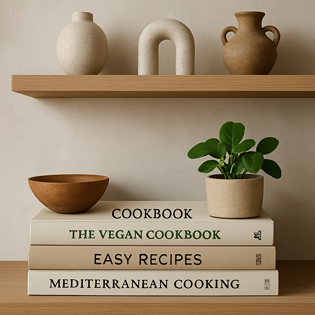 Open shelves in a kitchen displaying colorful cookbooks and decorative items.