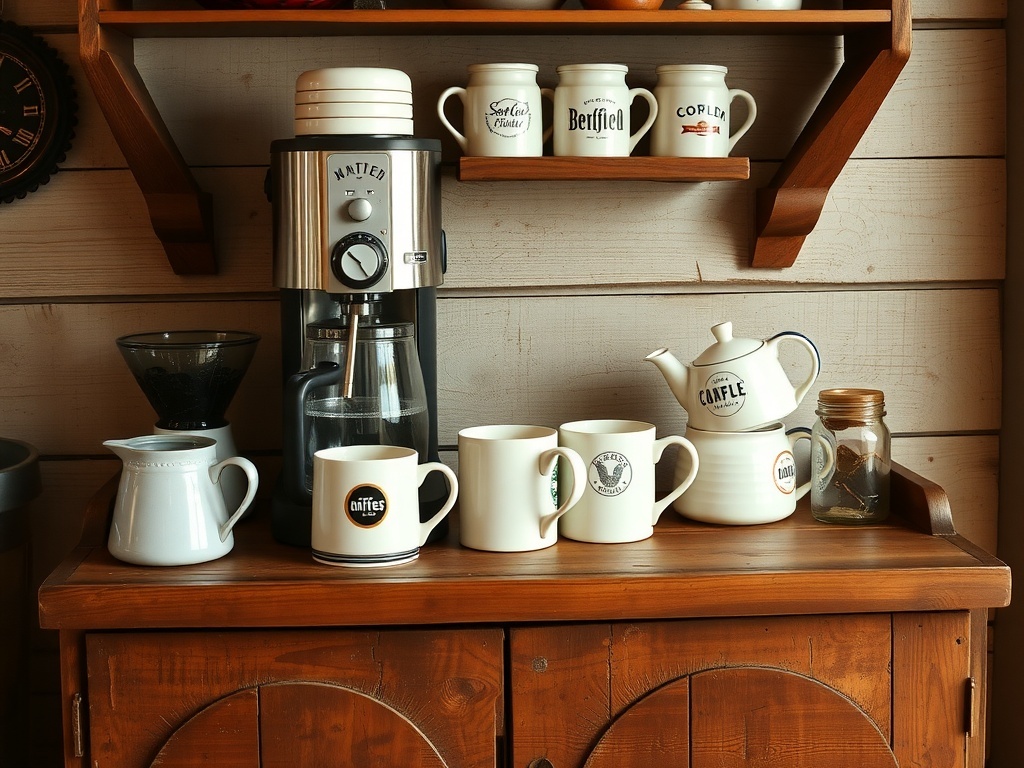 Rustic wooden coffee station with coffee-making tools, mugs, and a chalkboard menu.